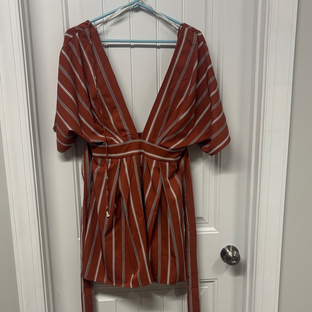 Striped V-Neck Dress - Burnt Orange and White
